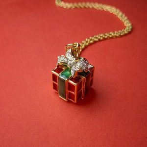 Swarovski Crystal Christmas Present Gift Box Charm Holiday Gold Chain Necklace